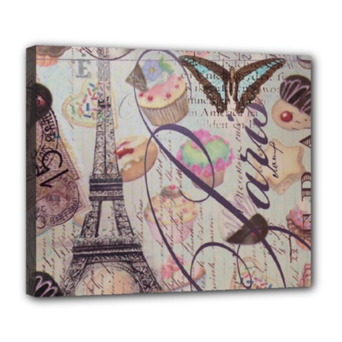 French Pastry Vintage Scripts Floral Scripts Butterfly Eiffel Tower Vintage Paris Fashion Deluxe Canvas 24  X 20  (framed) by chicelegantboutique