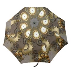 Steampunk, Golden Design With Clocks And Gears Folding Umbrellas by FantasyWorld7