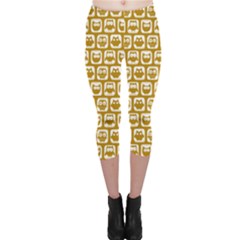 Olive And White Owl Pattern Capri Leggings by GardenOfOphir