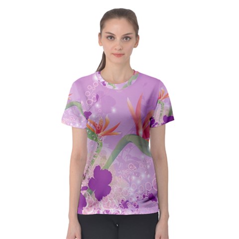 Wonderful Flowers On Soft Purple Background Women s Sport Mesh Tees by FantasyWorld7