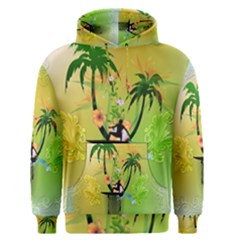 Surfing, Surfboarder With Palm And Flowers And Decorative Floral Elements Men s Pullover Hoodies by FantasyWorld7