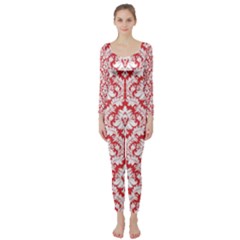 White On Red Damask Long Sleeve Catsuit by Zandiepants