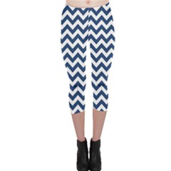 Dark Blue And White Zigzag Capri Leggings  by Zandiepants