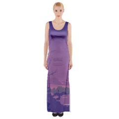 Abstract Tropical Birds Purple Sunset Maxi Thigh Split Dress by WaltCurleeArt