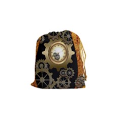 Steampunk Golden Design With Clocks And Gears Drawstring Pouches (small)  by FantasyWorld7