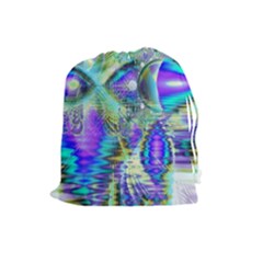 Abstract Peacock Celebration, Golden Violet Teal Drawstring Pouches (large)  by DianeClancy