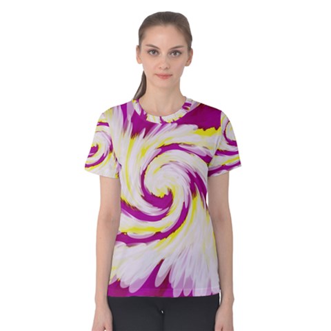 Tie Dye Pink Yellow Swirl Abstract Women s Cotton Tee by BrightVibesDesign