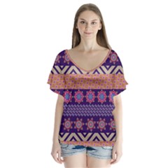 Colorful Winter Pattern V-neck Flutter Sleeve Top by DanaeStudio