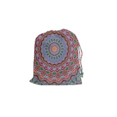 Abstract Painting Mandala Salmon Blue Green Drawstring Pouches (small)  by EDDArt