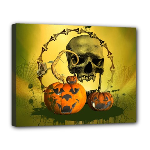 Halloween, Funny Pumpkins And Skull With Spider Canvas 14  X 11  by FantasyWorld7