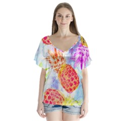 Colorful Pineapples Over A Blue Background Flutter Sleeve Top by DanaeStudio