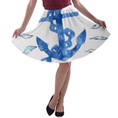 Anchor Aquarel Painting Art, Soft Blue A-line Skater Skirt by picsaspassion