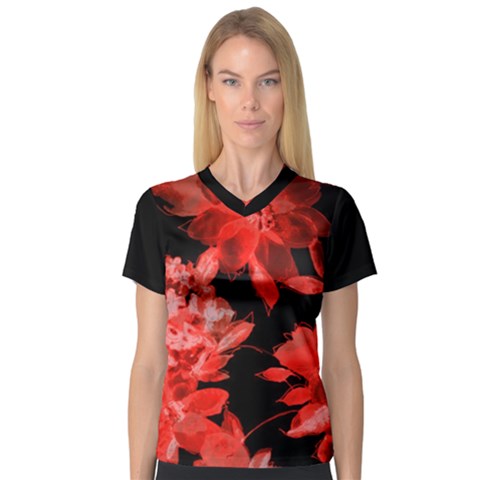 Red Flower  Women s V-neck Sport Mesh Tee by Brittlevirginclothing