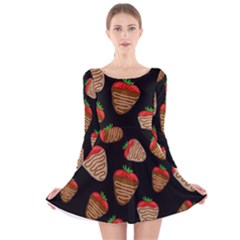 Chocolate Strawberries Pattern Long Sleeve Velvet Skater Dress by Valentinaart