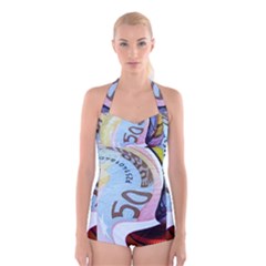 Abstract Currency Background Boyleg Halter Swimsuit  by Amaryn4rt