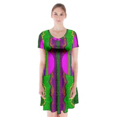 Magic Moon Landscape Short Sleeve V-neck Flare Dress by pepitasart