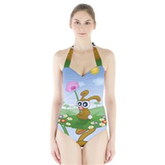 Easter Spring Flowers Happy Halter Swimsuit by Nexatart