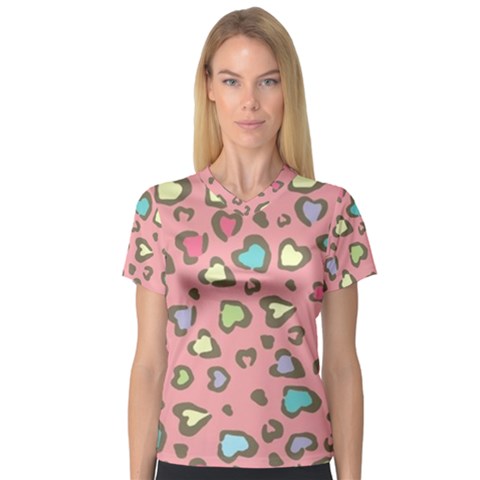 Rainbow Leopard Styled Hearts  Women s V-neck Sport Mesh Tee by Brittlevirginclothing
