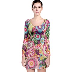 Colorful Flower Pattern Long Sleeve Velvet Bodycon Dress by Brittlevirginclothing