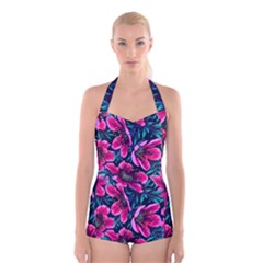 Purple Flowers Boyleg Halter Swimsuit  by Brittlevirginclothing