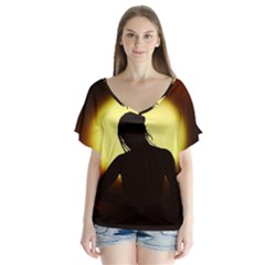 Silhouette Woman Meditation Flutter Sleeve Top by Nexatart