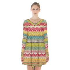 Colorful Bohemian Long Sleeve Velvet V-neck Dress by Brittlevirginclothing