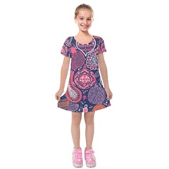 Colorful Bohemian Purple Leaves Kids  Short Sleeve Velvet Dress by Brittlevirginclothing