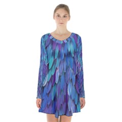 Blue Bird Feather Long Sleeve Velvet V-neck Dress by Brittlevirginclothing