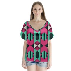 Green Pink Shapes      V-neck Flutter Sleeve Top by LalyLauraFLM