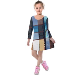 Glass Facade Colorful Architecture Kids  Long Sleeve Velvet Dress by Nexatart
