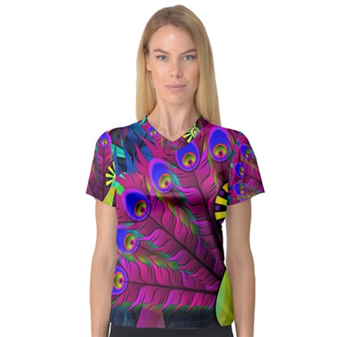 Peacock Abstract Digital Art Women s V-neck Sport Mesh Tee by Nexatart