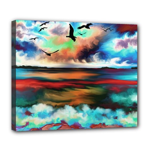 Ocean Waves Birds Colorful Sea Deluxe Canvas 24  X 20   by Amaryn4rt