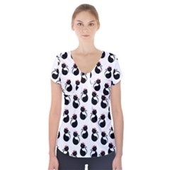 Cat Seamless Animal Pattern Short Sleeve Front Detail Top by Amaryn4rt