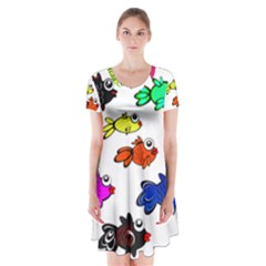 Fishes Marine Life Swimming Water Short Sleeve V-neck Flare Dress by Simbadda