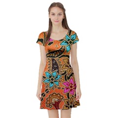 Colorful The Beautiful Of Art Indonesian Batik Pattern Short Sleeve Skater Dress by Simbadda