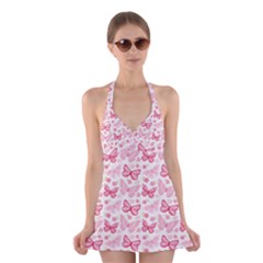 Cute Pink Flowers And Butterflies Pattern  Halter Swimsuit Dress by TastefulDesigns