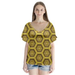 Golden 3d Hexagon Background Flutter Sleeve Top by Amaryn4rt