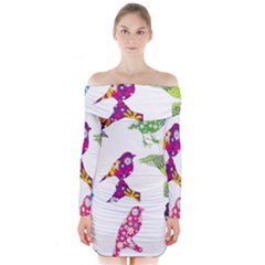 Birds Colorful Floral Funky Long Sleeve Off Shoulder Dress by Amaryn4rt