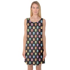 Black Pattern With Colorful Owls On Dark Sleeveless Satin Nightdress by CoolDesigns