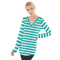 Horizontal Stripes Green Teal Women s Tie Up Tee by Mariart