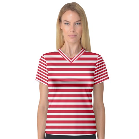 Horizontal Stripes Red Women s V-neck Sport Mesh Tee by Mariart