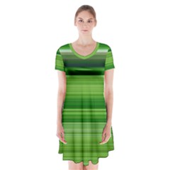 Horizontal Stripes Line Green Short Sleeve V-neck Flare Dress by Mariart