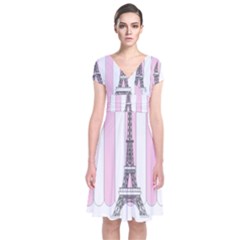 Pink Paris Eiffel Tower Stripes France Short Sleeve Front Wrap Dress by Mariart