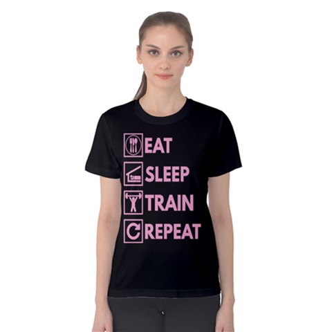 Black & Pink Eat Sleep Train Repeat Women s Cotton Tee by ThinkOutisdeTheBox