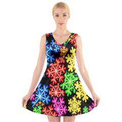 Colourful Snowflake Wallpaper Pattern V-neck Sleeveless Skater Dress by Nexatart