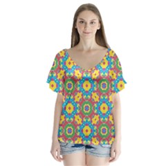 Geometric Check Multicolored Pattern Flutter Sleeve Top by dflcprintsclothing