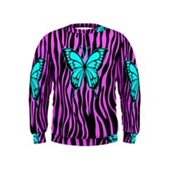 Zebra Stripes Black Pink   Butterfly Turquoise Kids  Sweatshirt by EDDArt