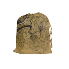 Birds Figure Old Brown Drawstring Pouches (large)  by Nexatart