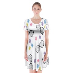 Glasses Bear Cute Doll Animals Short Sleeve V-neck Flare Dress by Mariart