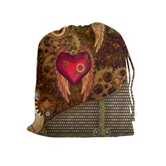 Steampunk Golden Design, Heart With Wings, Clocks And Gears Drawstring Pouches (extra Large) by FantasyWorld7